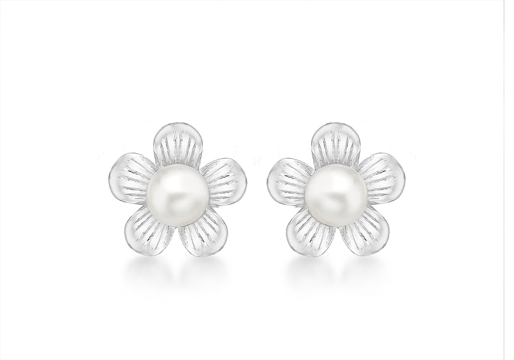 Sterling Silver Flower and Pearl Stud Earrings