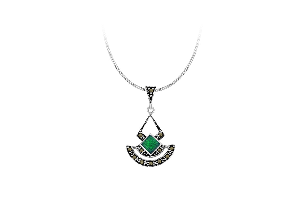 Sterling Silver Marcasite and Green Agate Pendant
