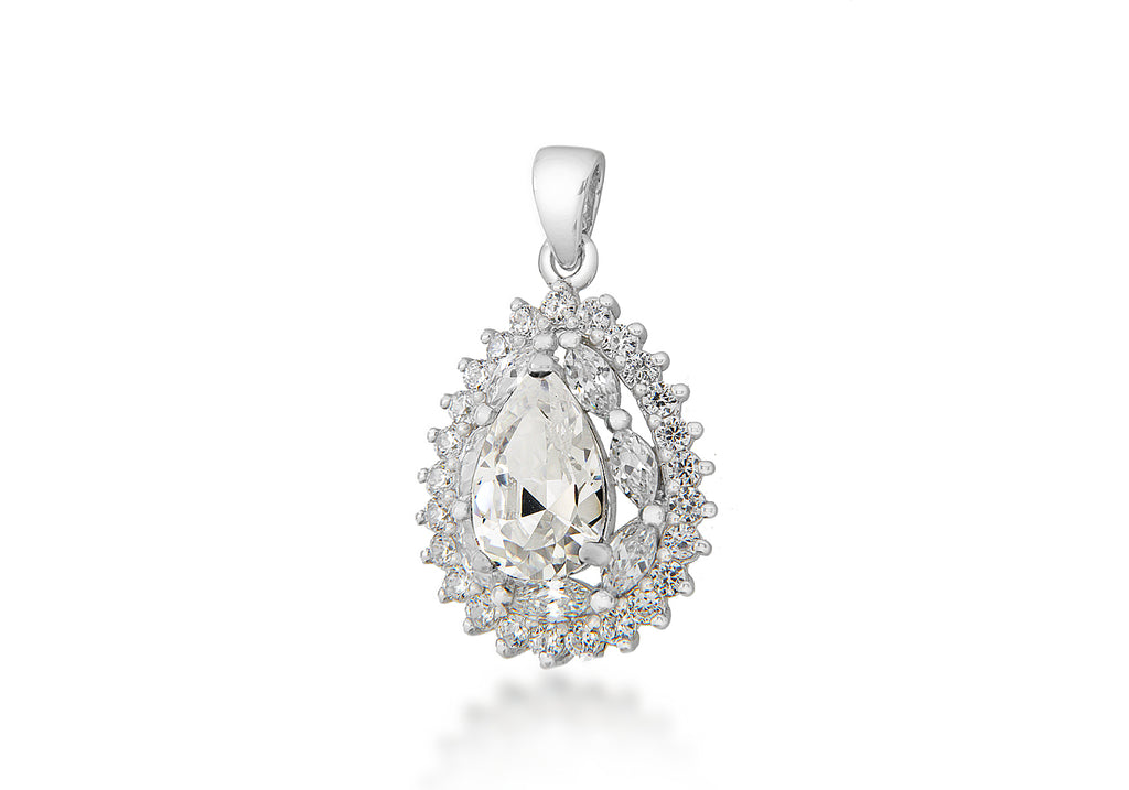 Sterling Silver White Zirconia  Stone Set Cluster Teardrop Pendant