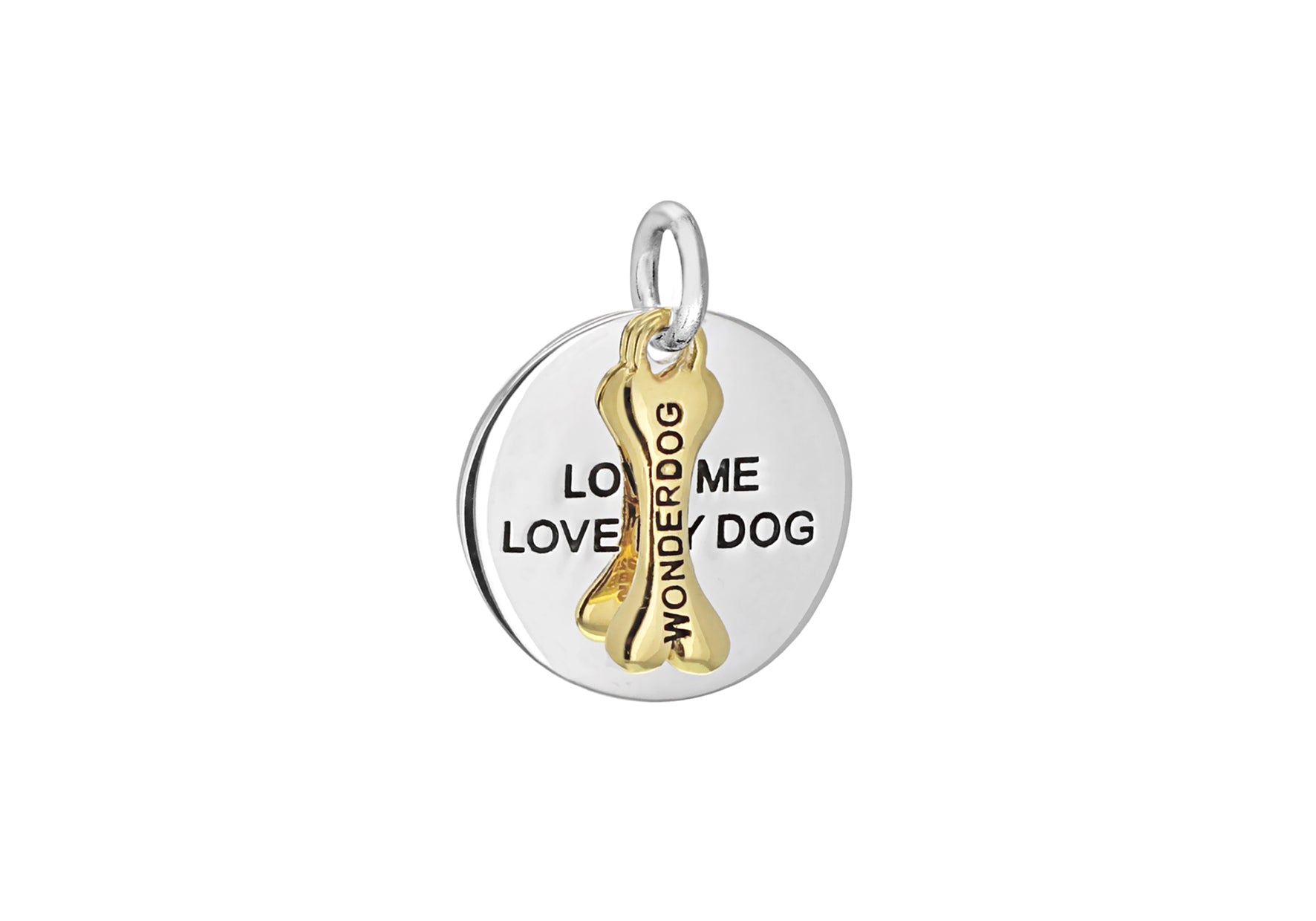 Sterling Silver Yellow Gold Plated Oxidised  17mm x 21mm 'Love Me Love My Dog' Disc 'Wonderdog' Bone Pendant