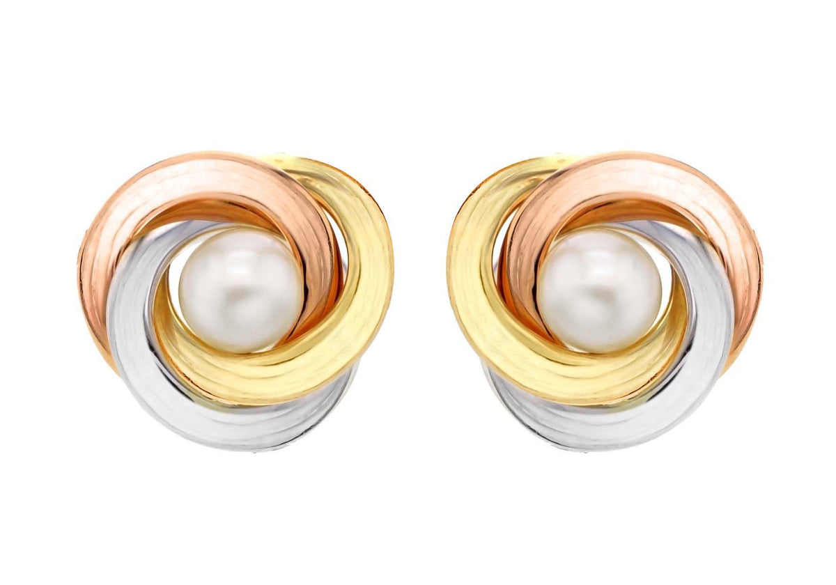 9ct Tri-Colour Gold Celienne Pearl Swirl Stud Earrings
