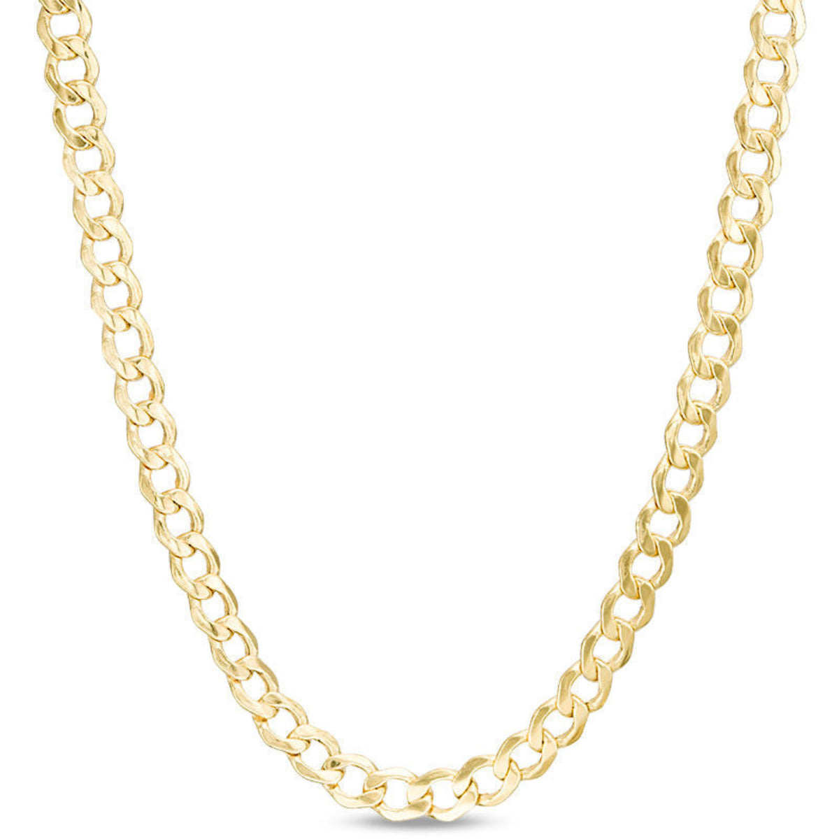 A yellow gold Cuban link chain necklace displayed in a U-shape against a solid white background.
