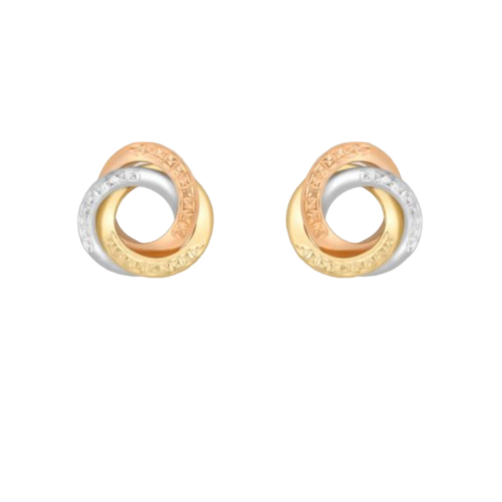 9ct 3-Colour Gold Diamond Cut Linked Rings Stud Earrings